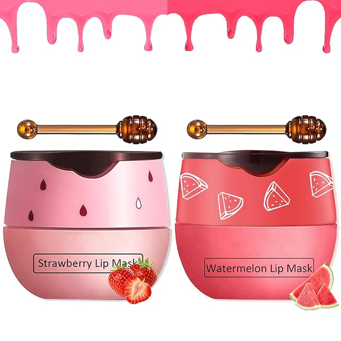 2 PCS Bee Balm Lip Balm Honey Pot,Strawberry&Watermelon Lip Sleeping Mask,Hydrating Prevention Dry and Cracked Lip Scrubs Exfoliator Lip Care,Moisturizing Lip Mask Overnight
