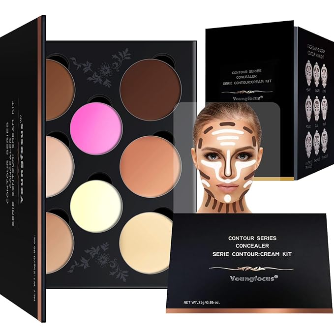 Youngfocus Cosmetics Cream Contour Best 8 Colors Contouring Foundation - Highlighting Makeup Kit/Concealer Palette - Vegan, Cruelty Free and Hypoallergenic - Instruction Manualļ¼Deep Pinkļ¼