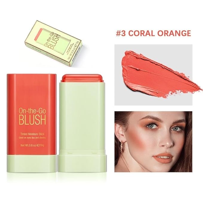 On-the-Go Makeup Blush Stick Tinted Moisture Stick, Shadow Lips Cheek Blusher Creamy Makeup Long Lasting Natural Nude Makeup for All Skin (orange)