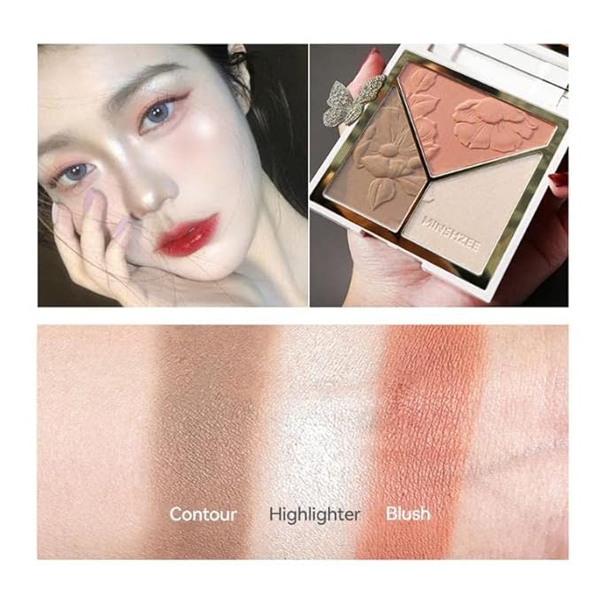 3-in-1 Highlighter Makeup Palette – Contour, Blush & Glow Kit with Matte & Shimmer Finish – Silky Pressed Powder for Face, Cheekbones, Eyes – Long-Lasting, Waterproof, Cool Toned, Travel-Friendly