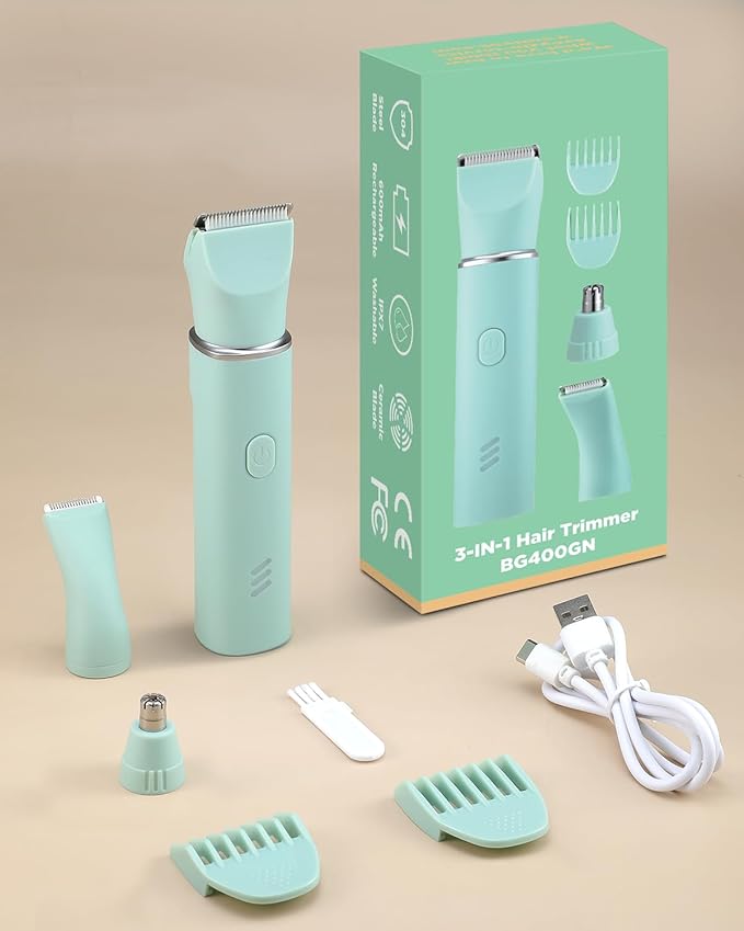 Bikini Trimmer for Women,2-in-1 Painless Electric Razors & Shaver Nose,IPX7 Waterproof,Body Hair Trimmer for Underarm/Pubic/Nose/Legs,USB-C Rechargeable Women's Grooming Kit (Mint Green)