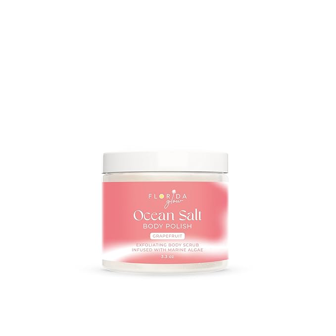Sea Salt Body Scrub by Florida Suncare - Ocean Salt Body Polish Infused with Marine Algae - Exfoliating Face and Body Scrub - Facial Scrub Exfoliator to Tackle Acne (Grapefruit, 3.3 oz)