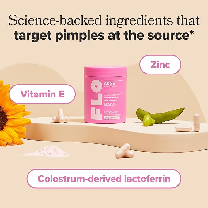 O Positiv FLO Acne Capsules – Reduce Number and Severity of Pimples, Whiteheads, Blackheads, and Pustules on Face, Back, and Body – Colostrum-Derived Lactoferrin, Zinc and Vitamin E – 30 Servings