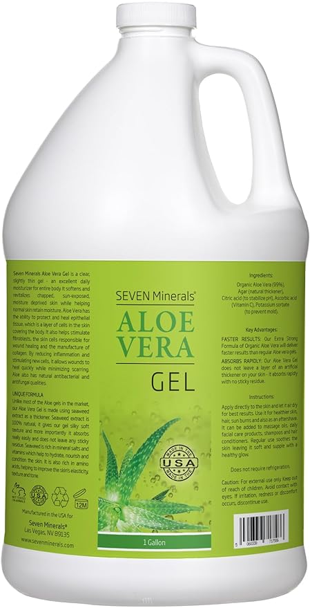 Seven Minerals Organic Aloe Vera Gel from freshly cut 100% Pure Aloe - 1 Gallon - HighestQuality, Texas grown, Vegan, Unscented - For Face, Skin, Hair, Sunburn Relief - Bulk DIY (128 Fl Oz)