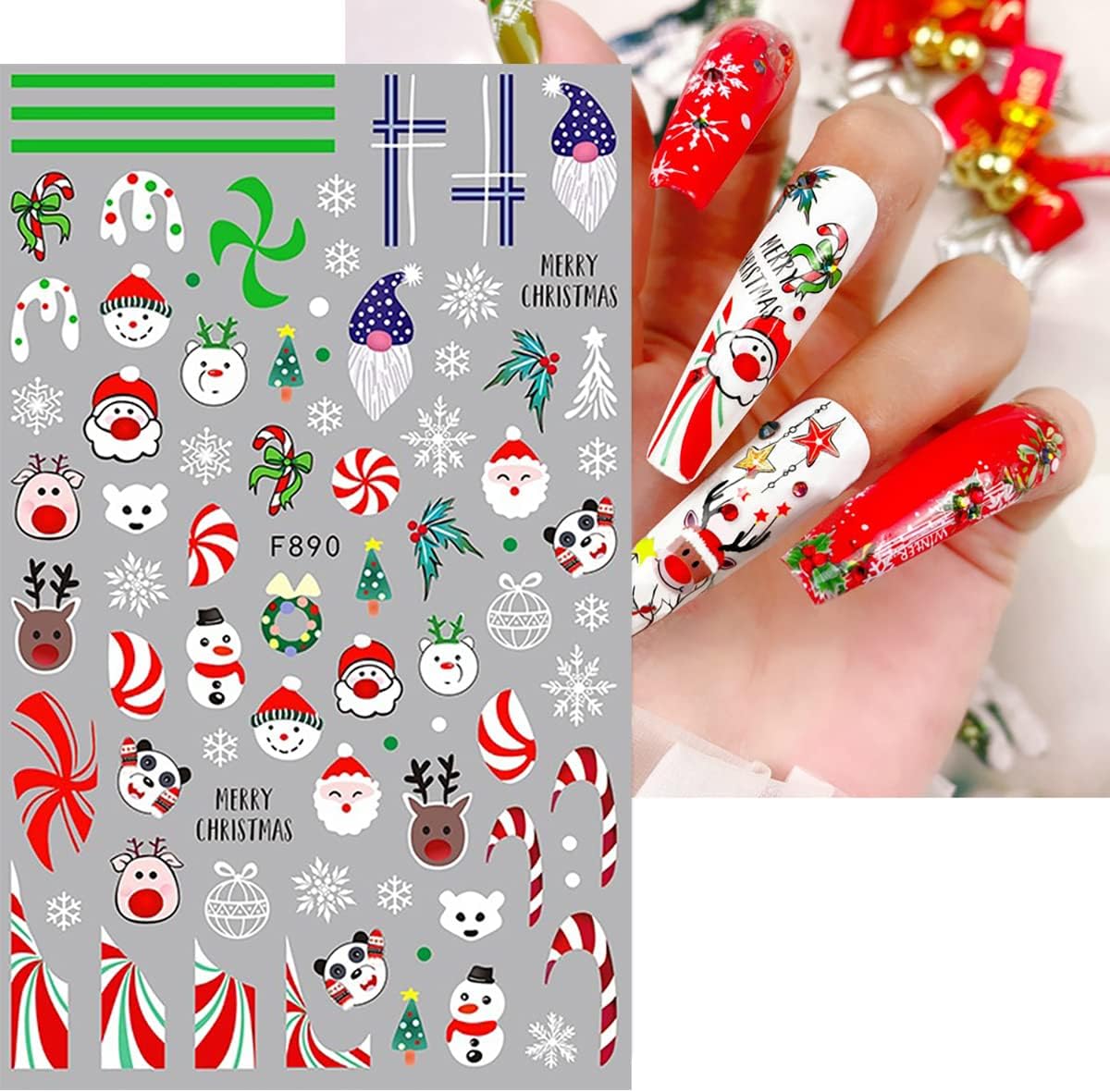 10 Sheets Christmas Nail Stickers 3D Xmas Decals Winter White Snowflake Santa Claus Snowman Bell Reindeer for Women Girls Christmas Designs Decoration Charms