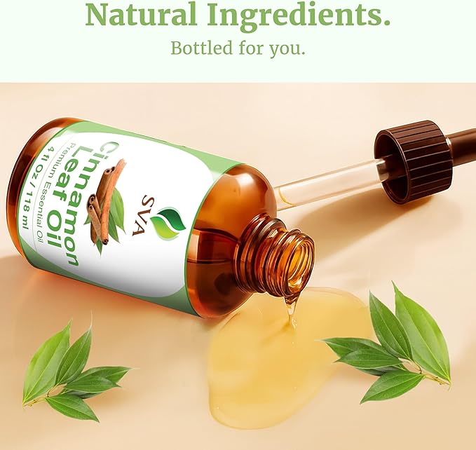 SVA Cinnamon Leaf Essential Oil – 4 Fl Oz – 100% Natural Cinnamon Oil - for Diffuser, Hair Care, Face, Skin Care, Aromatherapy, Scalp and Body Massage, Soap and Candle Making – with Dropper