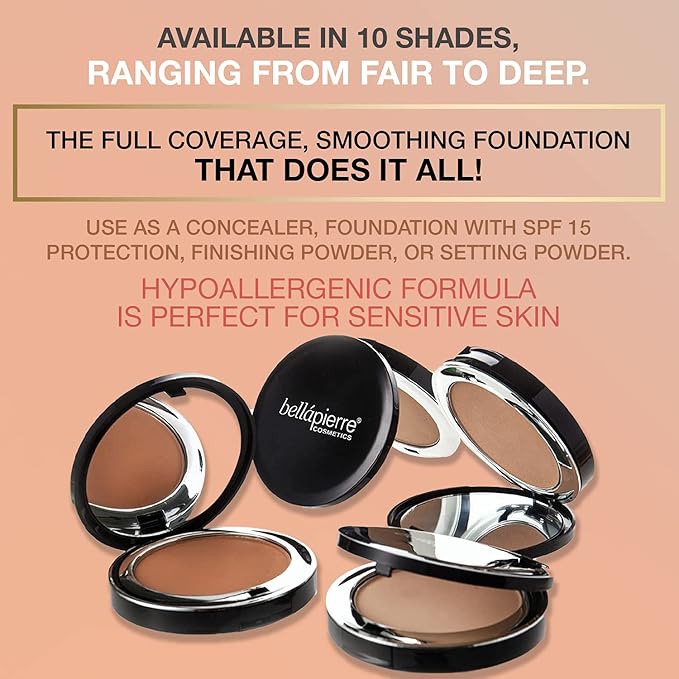 bellapierre Compact Mineral Foundation SPF 15 | Vegan & Cruelty Free Natural Makeup | Full Coverage Matte Foundation | Hypoallergenic | Oil & Talc Free - 0.35 Oz - Café
