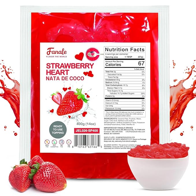 Fanale Coconut Jelly Topping nata de coco for Bubble Tea | Strawberry Heart Jelly Topping for Boba Tea, Smoothies, Slushes, Desserts 400g(Pack of 1)