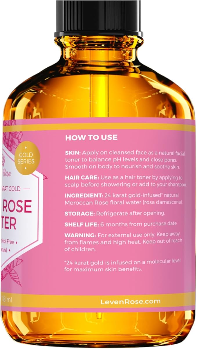 24 Karat Gold Rose Water Toner by Leven Rose Natural Moroccan 24K Rosewater Toner 4 oz