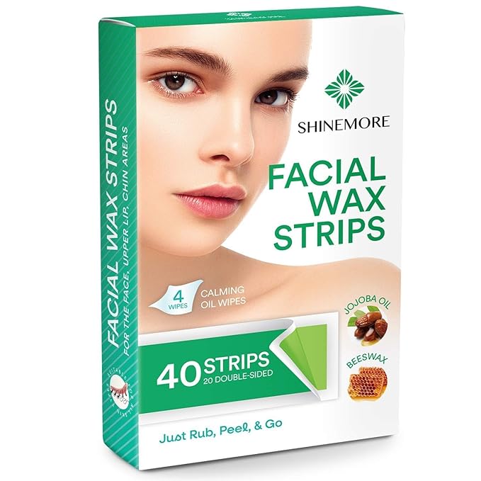 ShineMore Facial Wax Strips for hair removal - Hypoallergenic for All Skin Types - - Gentle and Fast-Working for Face, Eyebrow, Upper Lip, and Chin (40 Women Wax Strips + 4 Calming Oil Wipes NATURE NATION Ingredients )