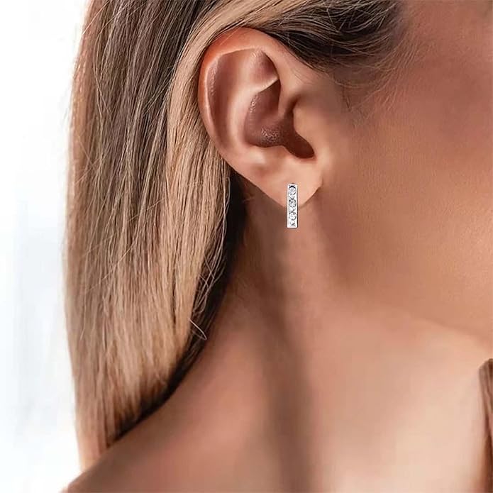 Geometric Crystal Bar Earrings Silver Cz Bar Stick Earrings Cz Rhinestone Bar Stud Earrings Silver Minimalist Earrings Jewelry for Women and Girls