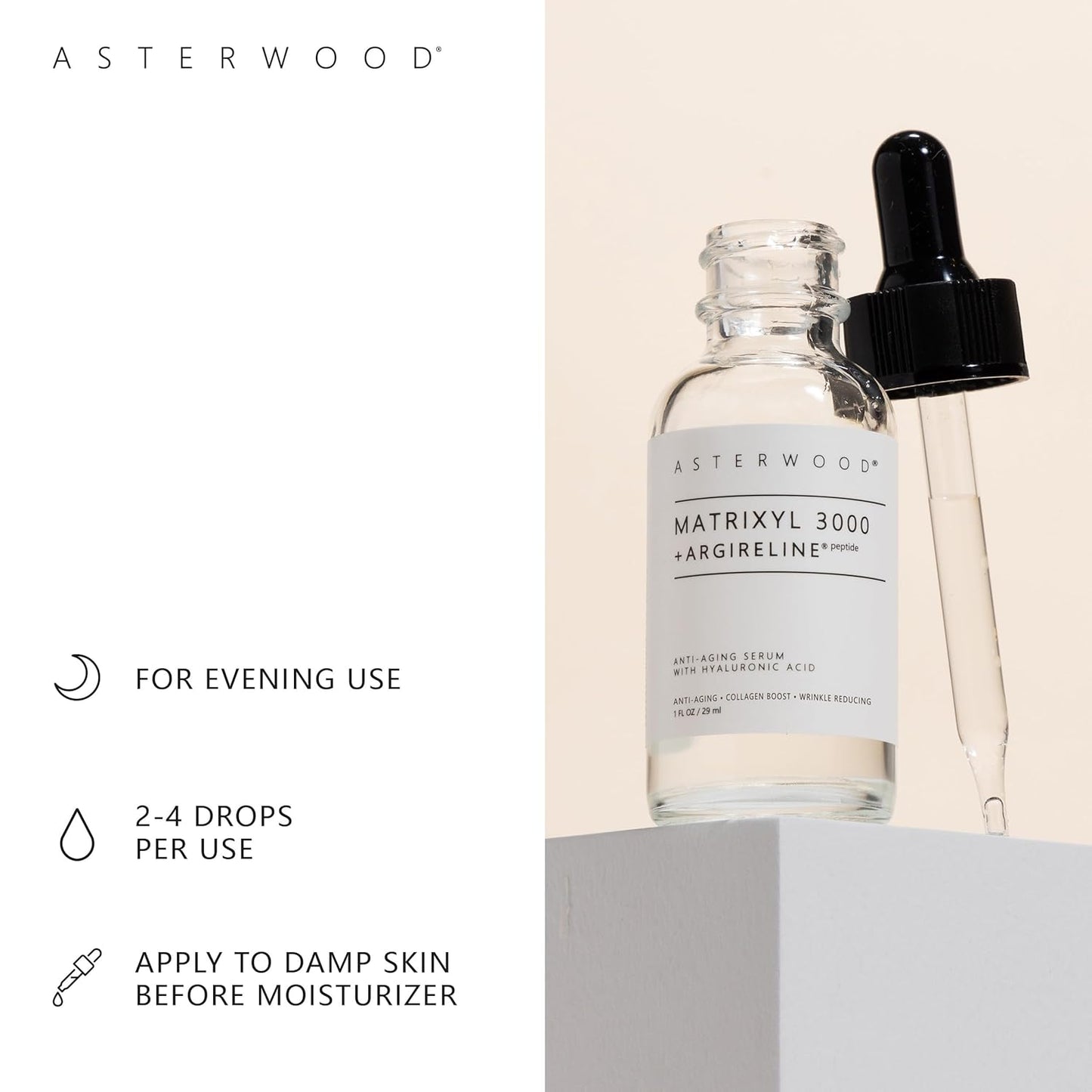 Asterwood Matrixyl 3000 + Argireline Serum with Hyaluronic Acid - Anti-Aging, Wrinkle Reducing, Collagen Boosting - Fragrance-Free - 4 Fl Oz