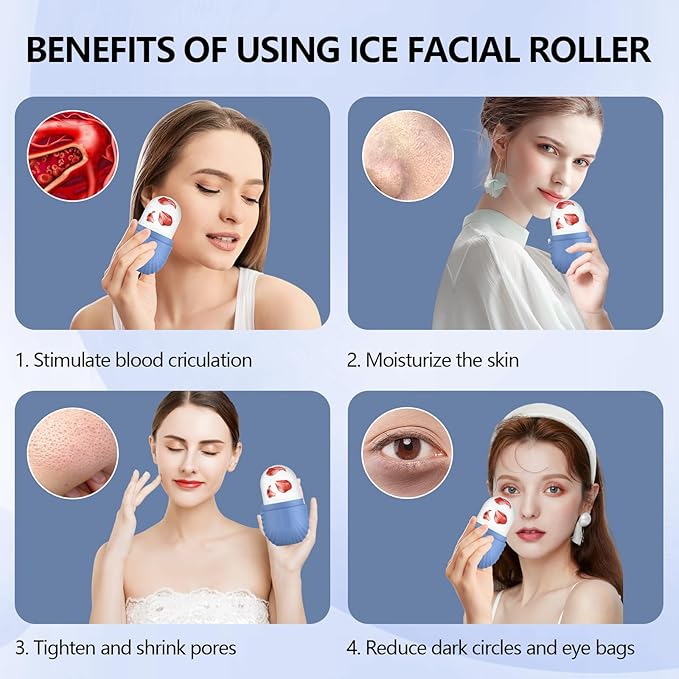 2pcs Ice Roller for Face and Eye, Silicone Ice Facial Roller Ice Holder, Face Ice Mold Skin Care, Face Icers Reusable Ice Cube Roller for Shrink Pores Anti Wrinkle Reduce Puffiness, Black Blue