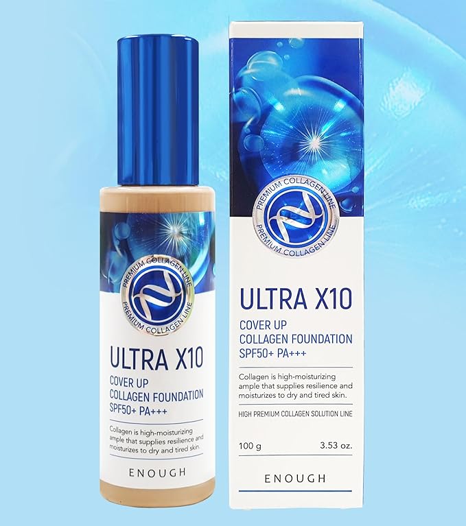 Enough Ultra X10 Cover Up Collagen Foundation, Hydrating Foundation for Dry Skin, Korean Skin Care Tinted Moisturizer Sunscreen, Makeup Cosmetics for Women SPF 50+ PA+++ 3.53oz (#23 Natural beige)
