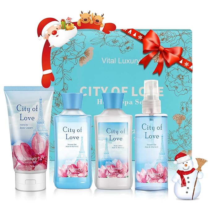Bath & Body Kit, 3 Fl Oz, Ideal Skincare Gift Home Spa Set, Includes Body Lotion, Shower Gel, Body Cream, and Fragrance Mist, Birthday Mother's Valentine's Day Gifts(City of Love)
