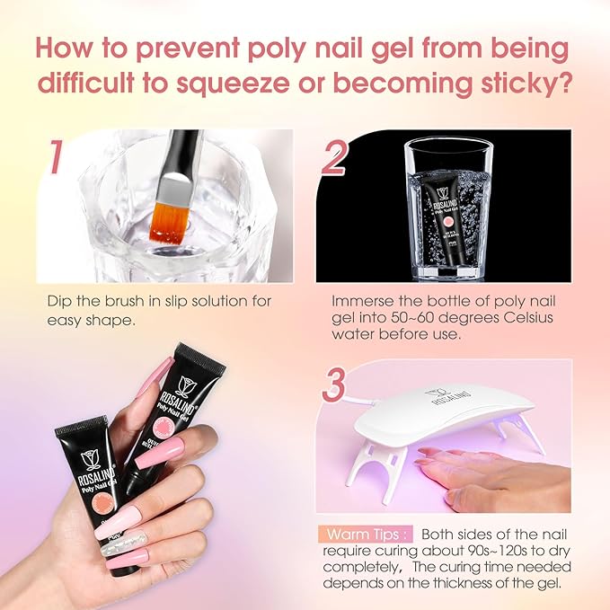 ROSALIND 8PCS Poly Nail Gel Kit with Mini Nail Lamp Clear Nude Purple Brown Poly Extension Gel Kit Mini Starter Kit