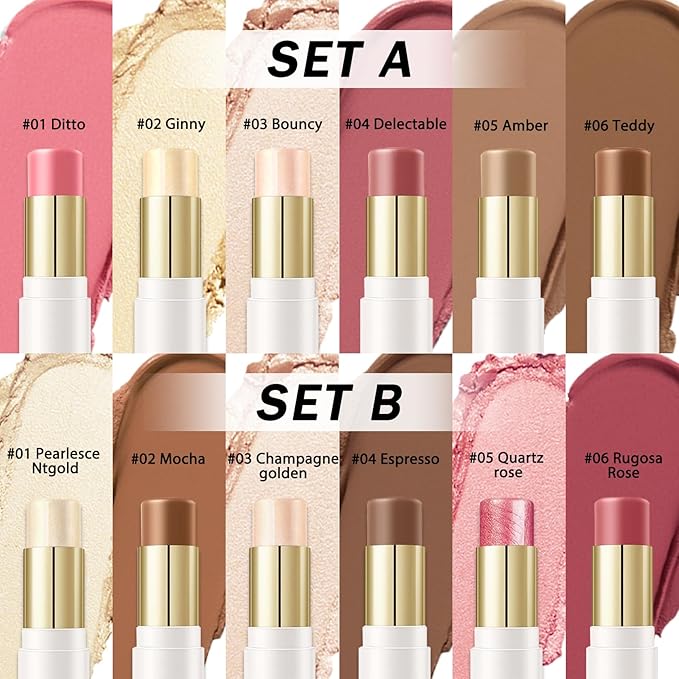 6 Colors Cream Contour Stick Makeup Kit, Double-ended Cream Highlighter Stick Bronzer and Blush Stick for Sculpt the Cheeks, Matte & Dewy Finish, Face Contour Kit for Beginners, Set A