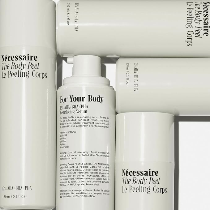 Nécessaire The Body Peel. Resurfacing Serum for KP, Ingrowns, Strawberry Skin and Discoloration. 10% AHA, 1% BHA, 1% PHA, Peeling Peptide. Dermatologist-Tested. Hypoallergenic. Non-Comedogenic. 150ml