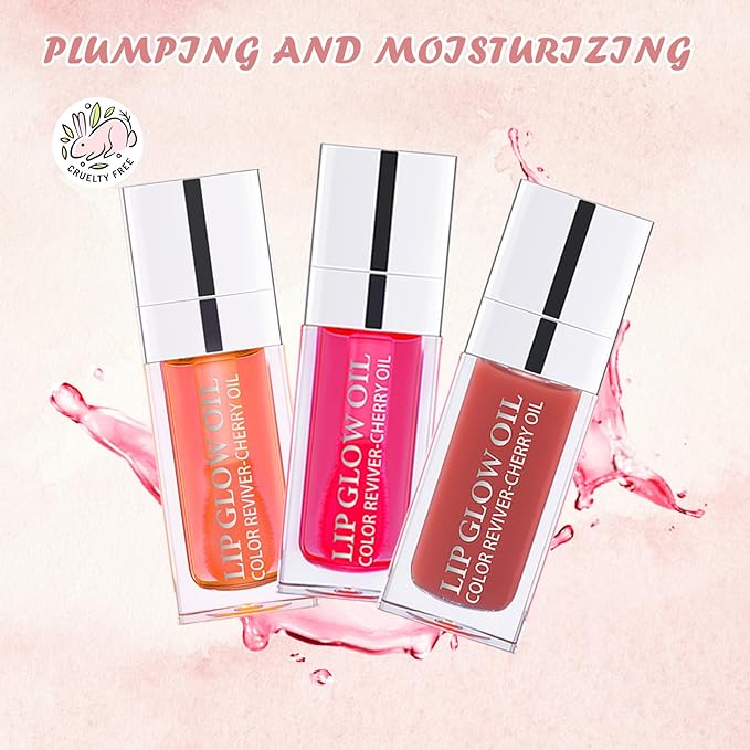 3PCS Lip Oil Set, Hydrating Lip Glow Oil Lip Plumper Gloss, Tinted Lip Oils Transparent Long Lasting Non-sticky Lip Gloss, Plumping Lip Gloss Lip Care Kit (Pink & Rosewood & Cherry)