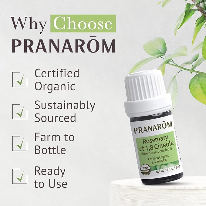 Pranarom USDA Certified Organic Rosemary Cineole Essential Oil (5ml), 100% Pure Undiluted Therapeutic Grade from Tunisia for Aromatherapy, Diffuser, Meditation, Massage, Relaxation