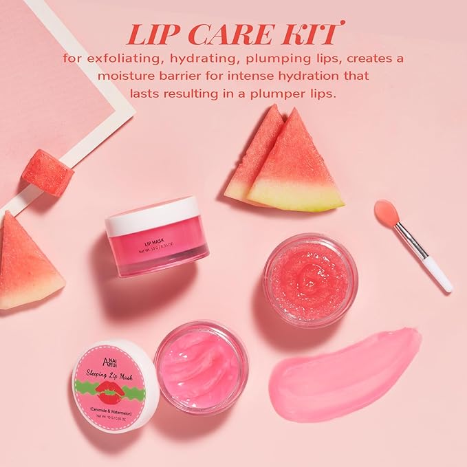 Lip Mask Set, Lip Scrub & Lip Butter, Overnight Lip Treatment Set Enriched With Skin Softening Ceramide & Watermelon and Hydrating Shea Butter, For A Softer & Smoother Pout