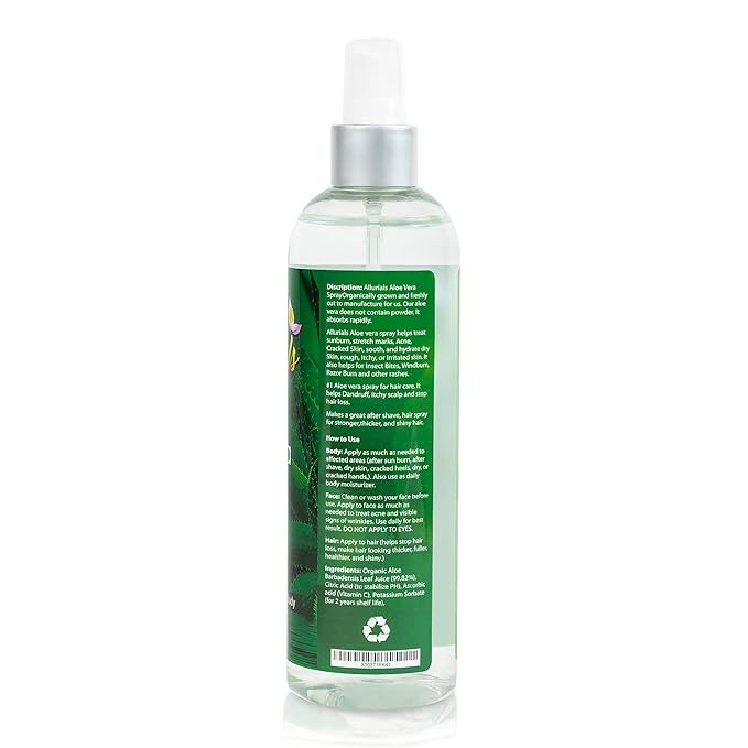 100% Pure & Organic Aloe Vera Spray, Clinically tested & Dermatologist approved, Hydrates & Heals Dry & Damaged Skin & Hair- 12 Oz