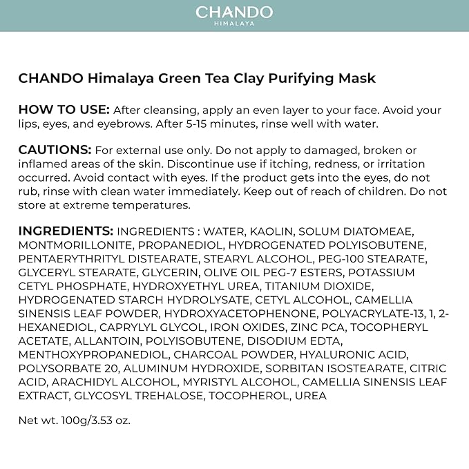 Purifying Green Tea Mask, Natural Facial Clay Mask Deep Pore Cleansing with Green Tea Extract and Portulaca Extract, for Clogged Pores, Detoxifies & Balance Oil, 3.52 fl.oz
