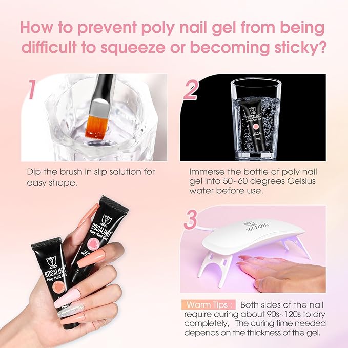 ROSALIND Poly Nail Gel Kit -14 Colors +72 Nail Art Accessories kit Nude Pink Poly Nails Gel Kit Starter Kit with Mini UV Lamp Slip Solution Basic Poly Nail Art Tools for Beginners with Everything
