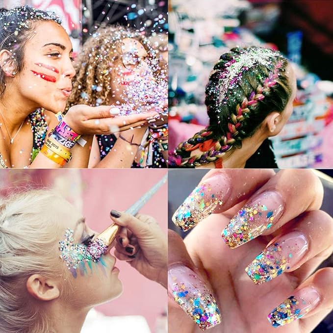 Allstarry 12 Colors Chunky Glitter Holographic Craft Glitter Cosmetic Nail Art Sequins Mixed Fine Glitter Flakes for Nails Art Decoration Hair Eyes Face Body, Resin Tumblers, Epoxy, Slime