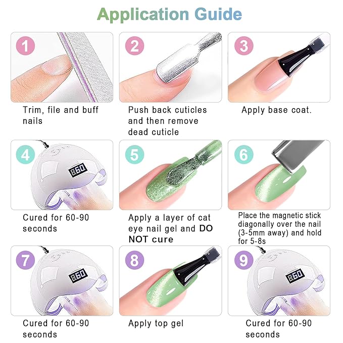 RARJSM Green Cat Eye Gel Nail Polish Set 6pcs Reflective Sparkly Diamond Glitter Nude Pink Blue Purple Clear Glass Cateye Gelpolish with Magnet Stick 7.5ml Curing Requires Soak Off for Home Salon