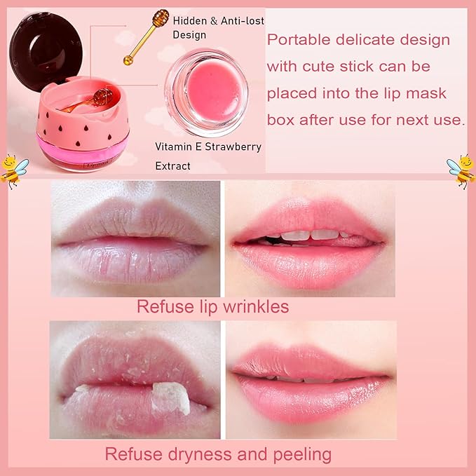 1 PCS Bee Lip Balm Honey Pot, Exfoliating Strawberry Bee Lip Balm Sleeping Lip Mask Overnight with Sticks, Honey Pot Lip Balm Prevention Dry Hydrating and Crack Lip Scrubs