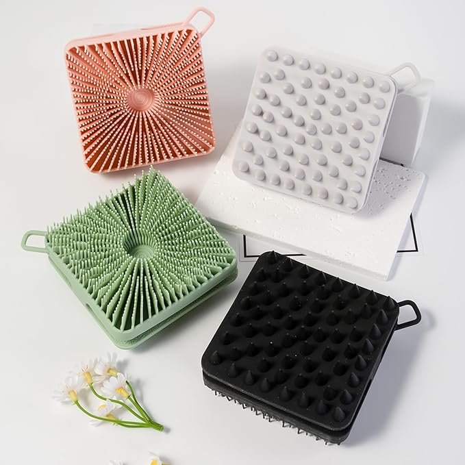 2 PC Silicone Exfoliating Body Scrubber, Silicone Body Shampoo Brush, Soft Silicone Loofah for Sensitive Skin, Shower Silicone Hair Scalp Massager, Easy to Clean, Lather Well(Black&Green)