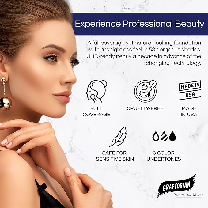 Graftobian HD Glamour Crème Foundation 1/2oz, Weightless Full Coverage Makeup, 65 Inclusive Shades, For All Skin Types, Natural or Full-Glam Looks, For Professionals and Beginners, Mixing Medium