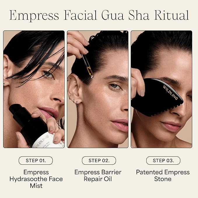 WILDLING Empress Facial Gua Sha Set I Facial Massage Tool + Facial Toner + Facial Oil to Lift, Plump, Tone + Sculpt I Patented Design 100% Authentic Bian Stone
