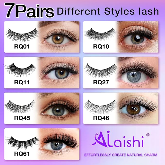 Wispy False Eyelashes Kit With Bond, Seal and Tweezer, 7 Pairs Natural Look Fake Cat Eye Lashes Strips Thin Band Extensions Waterproof Easy Eyelashes for Beginners RQ7Variety Mix