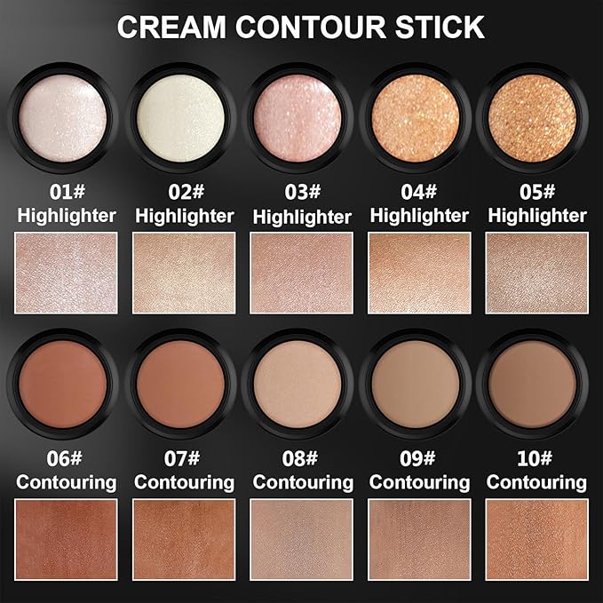 2Pcs Cream Contour Stick Makeup Kit, Cream Highlighter Stick and Bronzer Contour Stick with Longwear Waterproof Formula for Brightening and Trimming the Cheeks, Makeup Brush Include (#05, 06)