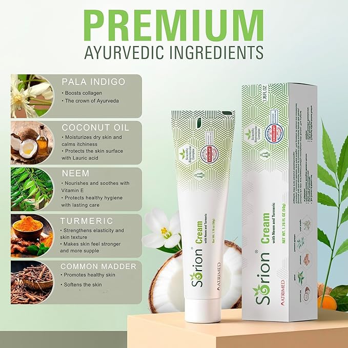 Sorion Cream - Herbal Moisturizer for Dry, Itchy, Flaky Skin with Coconut Oil, Neem, Turmeric and Pala Indigo Plant Skincare
