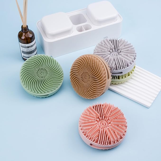 2 PC Silicone Exfoliating Body Scrubber, Silicone Body Shampoo Brush, Soft Silicone Loofah for Sensitive Skin, Shower Silicone Hair Scalp Massager, Easy to Clean, Lather Well(Pink&Black)