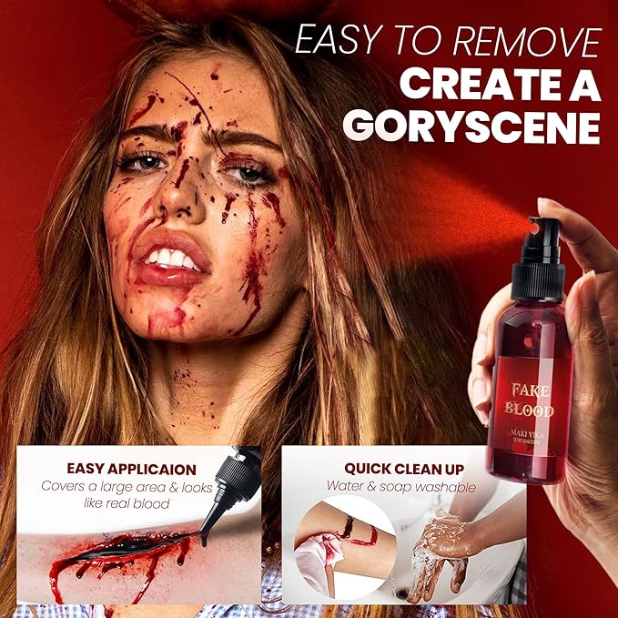 3Pcs Halloween Fake Blood Makeup Kit Realistic SFX Makeup Set - Blood Spray 2.03oz + Coagulated Blood 1.06oz + Dripping Blood 2.03oz, Edible Washable Special Effects Faux Blood for Zombie Vampire