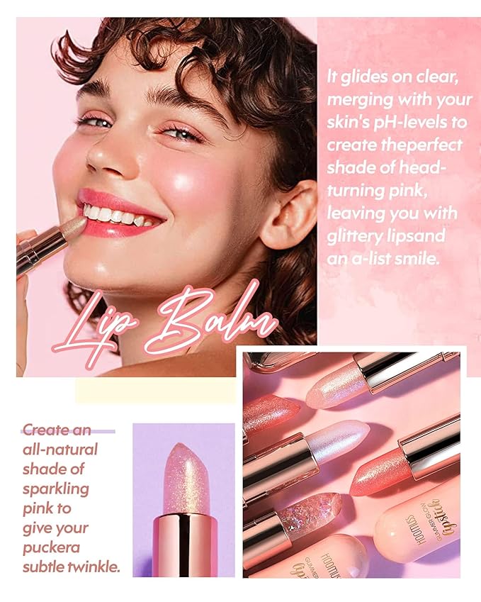 Tinted Lip Balm, Flower Lipstick Tinted Lip Gloss Long Lasting PH Lipstick, Color Changing Lipstick Natural Chapstick, Glitter Pink Shade Lipstick, Pink Flower