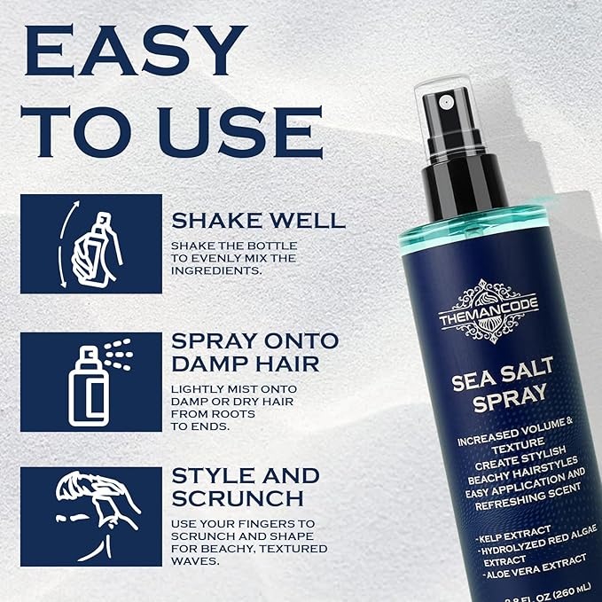 Sea Salt Spray for Men, Texturizing Hairspray, Stocking Stuffers for Man, Surf Spray Adds Instant Volume, Light Hold Thickness, Travel Essentials, Christmas Gift for Men, 8.8 Oz