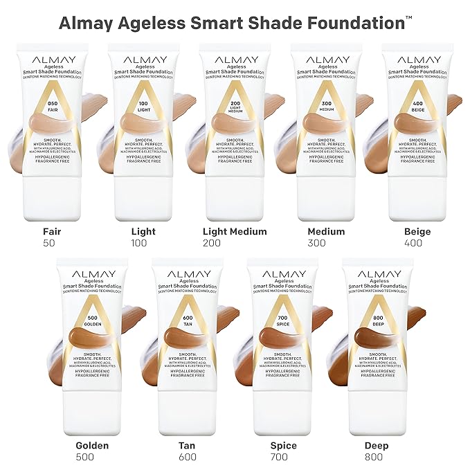 Almay Anti-Aging Foundation, Smart Shade Face Makeup with Hyaluronic Acid, Niacinamide, Vitamin C & E, Hypoallergenic-Fragrance Free, 050 Fair, 1 Fl Oz (Pack of 1)