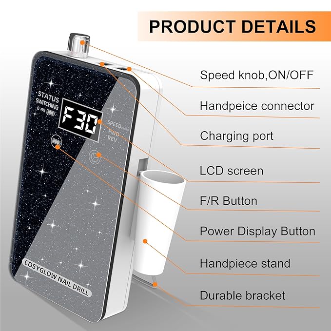 Professional Electric Nail Drill File:COSYGLOW Glitter Portable Cordless E-File Nail Drill Kit with 11 Drill Bits,30000 RPM Rechargeable Nail Drills Machine for Acrylic Nails Gel Polishing(Black)