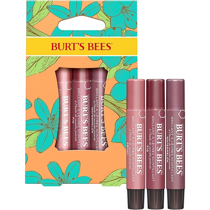 Burt's Bees Lip Balm Spring Gifts, 3 Nourishing Lip Care Shimmers for All Day Glow, Kissable Color Spring Gift Set -Peony, Fig & Rhubarb (Packaging May Vary)