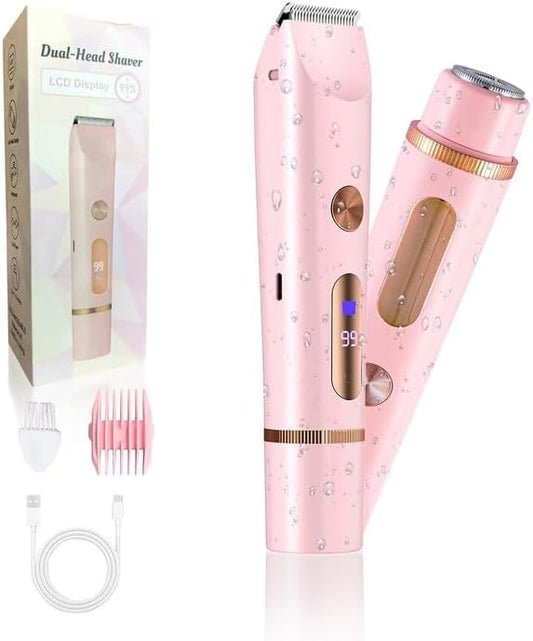 2025 Upgraded Dermave Bikini Shaver - 2 in 1 Bikini Trimmer for Women with LCD Display, Dual Head Cordless Electric Shaver, IPX7 Waterproof Wet/Dry Body Hair Trimmer for Face, Body & Intimate Areas