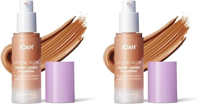 JOAH Crystal Glow Peptide-Infused Foundation, 2-in-1 Multitasking Korean Makeup with Blurring Face Primer, Luminizer, Hydration & Skin Defense for a Flawless Finish, 1.01 Oz, Tan Neutral (Pack of 2)