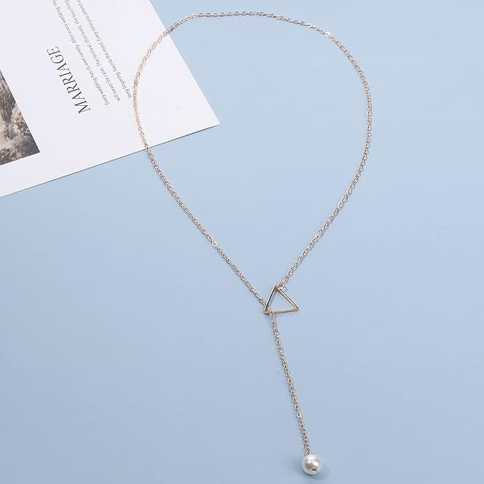 Boho Pearl Triangle Necklace Gold Y Pearl Necklace Minimalist Y Lariat Necklace Geometry Chain Jewelry for Women and Girls