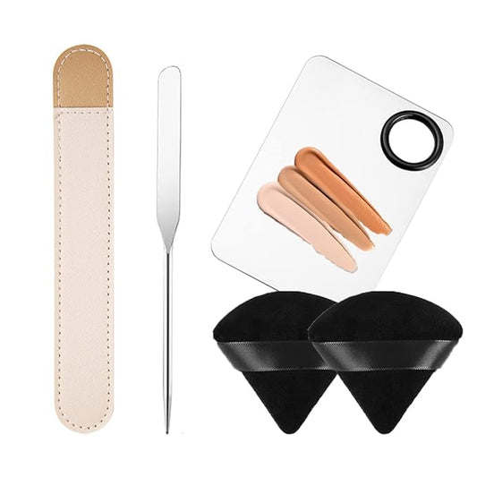 Korean Picasso Makeup Spatula Palette Set and Powder Puff for Liquid Foundation,Stainless Steel Mixing Spatula Scraper Artist Nail Art Stirring Makeup Tool