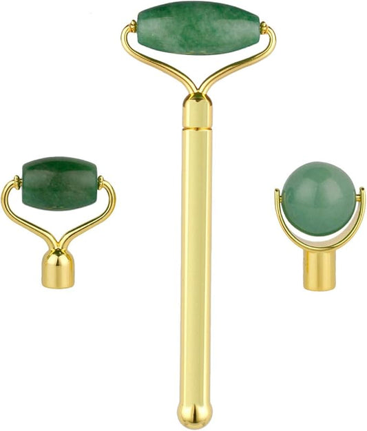 mookaitedecor Jade Roller Green Aventurine 3 in 1 Set Removable Replacement Rollers, Anti-Aging Massager Tool for Face and Neck
