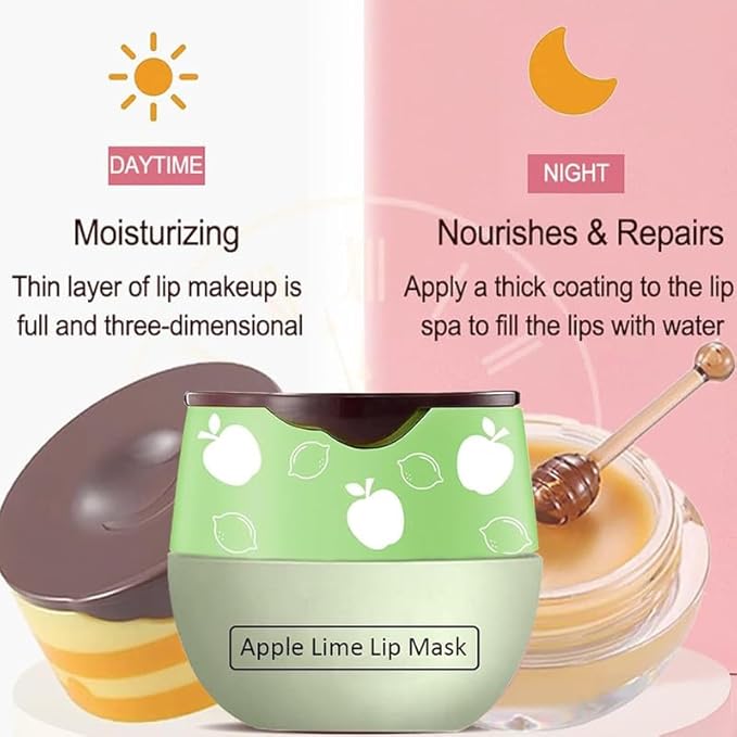 3PCS Bee Lip Balm Honey Pot,Honey&Apple Lime Lip Mask Overnight Moisturizing Lip Balm,Hydrating Prevention Dry and Cracked Reduces Lip Lines Lip Sleeping Mask (Honey+Strawberry+Apple Lime)
